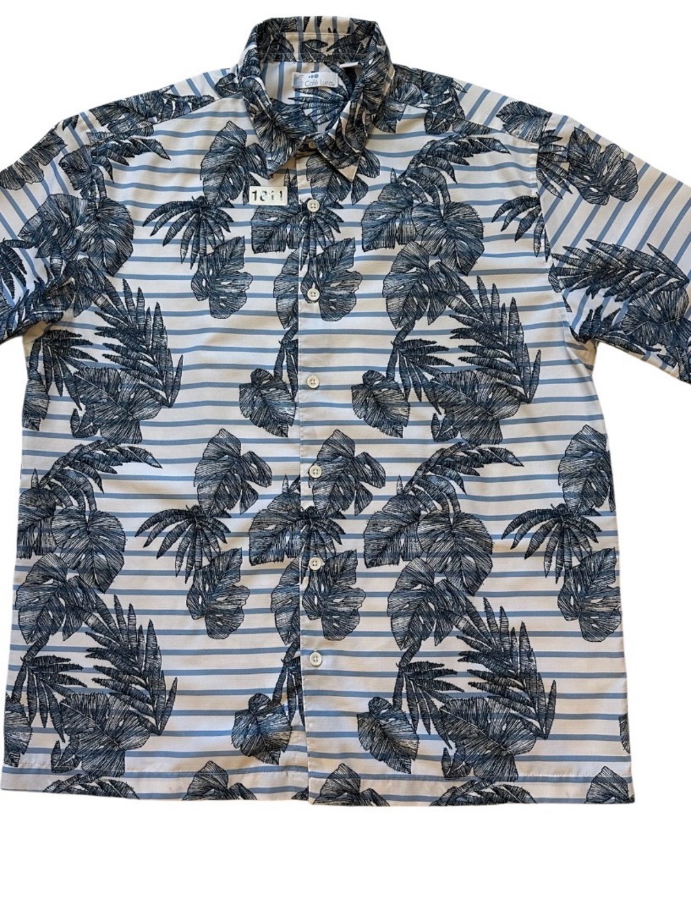 Cafe Luna Men's L Short Sleeve Tropical Woven Shirt leaf pattern over stripes